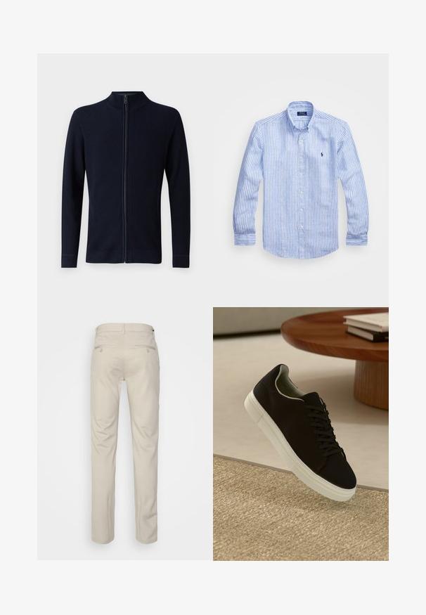 Jūras spēku zips priekšauts, izgatavots no adīta auduma. Tam ir augsts apkakle, garas piedurknes un ribota struktūra pie aprocēm un apakšmalas.; Zila un baltā svītru garām piedurknēm krekls izgatavots no kokvilnas, ar pogājamu apkakli, priekšējām pogām un nelielu izšūtu logotipu uz krūtīm.; Bežīgas bikses ar gludu tekstūru, taisnas kājas, divas aizmugurējās kabatas ar pogām un standarta jostas vietu.; Melni sporta apavi ar baltu zoli, kas peld virs bēša tekstūrēta paklāja netālu no apaļa koka galda ar sakrautiem grāmatām.