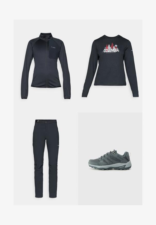 Black athletic jacket with a zip front, high collar, textured fabric, and a chest pocket. Features elastic cuffs and side zip pockets.; Long-sleeve dark gray shirt with a graphic of red trees and mountains; "COLUMBIA" logo in bold white text. Soft fabric, standard crew neck.; Men's outdoor pants, dark gray, made from flexible material, featuring a belt, zippered pockets, and reinforced stitching.; Dark grey hiking shoes with mesh and suede upper, lace-up design, cushioned sole, and rugged outsole with grip pattern.