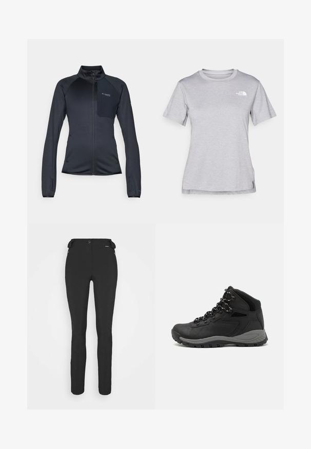 Chaqueta atlética negra con cierre frontal, cuello alto, tela texturada y un bolsillo en el pecho. Presenta puños elásticos y bolsillos laterales con cremallera.; Camiseta gris de manga corta hecha de una suave tela que absorbe la humedad. Presenta un cuello redondo y un pequeño logotipo blanco en la parte superior izquierda.; Pantalones negros ajustados hechos de un material flexible. Las características incluyen un bolsillo lateral con cremallera, rodillas articuladas y una textura suave.; Bota de senderismo negra con un diseño de medio caña, que cuenta con una parte superior texturizada, acentos grises y una suela de goma duradera con tacos de tracción.