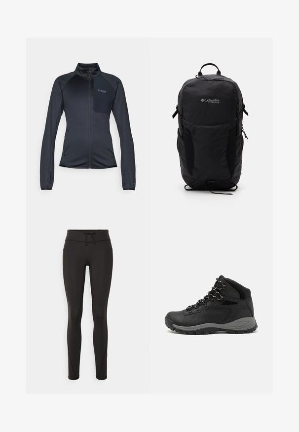 Svart treningjakke med glidelås foran, høyt krage, teksturert stoff og brystlomme. Har elastiske mansjetter og sidelommer med glidelås.; Svart Columbia t-skjorte med hvit sirkulær fjell- og elvlinjekunst og tekst "Columbia Sportswear Company Outside Since 1938."; Svarte leggings med høy midje, snøring, glatt tekstur og tettsittende design. Har søm detaljer langs sidene.; Sorte turstøvler med mid-topp design, som har en teksturert overdel, grå detaljer og slitesterk gummisåle med godt grep.; Svart Columbia Titanium ryggsekk med en glatt stoffoverflate, sidelommer, topphåndtak og justerbare stropper. Minimalistisk design med subtil merkevare.