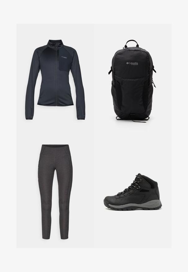 Chaqueta atlética negra con cierre frontal, cuello alto, tela texturada y un bolsillo en el pecho. Presenta puños elásticos y bolsillos laterales con cremallera.; Camiseta negra de Columbia con un arte lineal circular de montaña y río en blanco y el texto "Columbia Sportswear Company Fuera desde 1938."; Leggings de cintura alta en gris oscuro, hechas de una tela texturizada. Presentan un diseño ajustado y bolsillos laterales para almacenamiento.; Bota de senderismo negra con un diseño de medio caña, que cuenta con una parte superior texturizada, acentos grises y una suela de goma duradera con tacos de tracción.; Mochila Columbia Titanium negra con una textura de tela suave, bolsillos laterales, asa superior y correas ajustables. Diseño minimalista con una marca sutil.