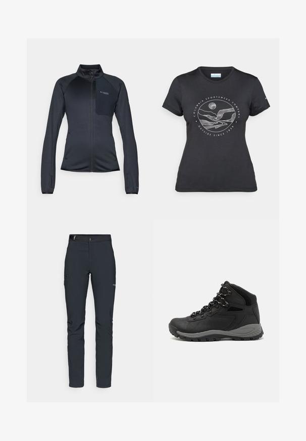 Crni sportski jakna s patentnim zatvaračem sprijeda, visokim ovratnikom, teksturiranom tkaninom i džepom na prsima. Ima elastične manžete i bočne džepove s patentnim zatvaračem.; Crna Columbia majica s bijelim kružnim crtežom planine i rijeke te natpisom "Columbia Sportswear Company Outside Since 1938."; Muške outdoor hlače, tamno sive boje, izrađene od fleksibilnog materijala, s remenom, džepovima na patentni zatvarač i ojačanim šavovima.; Crne planinarske čizme s dizajnom srednjeg vrha, sa teksturiranim gornjim dijelom, sivim akcentima i izdržljivom gumom potplatom s uzorkom za prianjanje.