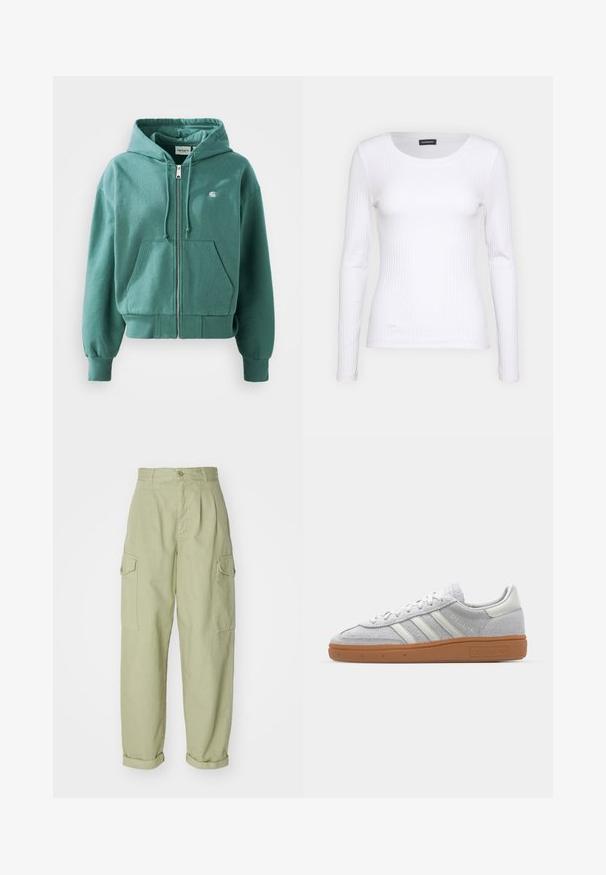 Žalias užtrauktuku užsegamas džemperis, pagamintas iš minkštos medžiagos, su kengūros kišene, suplėšytomis rankovėmis ir apatine dalimi, bei maža logo ant krūtinės.; Balta, raukšlėta ilgarankovė palaidinė su apvalia iškirpte. Pagaminta iš elastingos medžiagos, kuri prisitaiko prie kūno. Pasipuošusi subtiliomis horizontaliosiomis linijomis.; Šviesiai žali cargo tipo kelnės, pagamintos iš medvilnės audinio. Joms būdingas aukštas juosmuo, suktos galinės dalys ir dvi šoninės cargo kišenės, užtikrinančios papildomą patogumą.; Šviesiai pilki zomšiniai sportbačiai su baltais odiniais akcentais, trimis baltomis juostelėmis ir rudą guminę pada, turintys paminkštintą apykaklę patogumui.