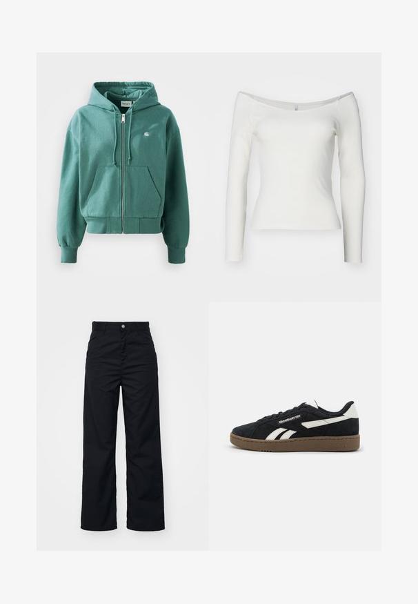 Zelená mikina na zips vyrobená z mäkkej tkaniny, so klokankovým vreckom, rebrovanými manžetami a spodným okrajom, a malým logom na hrudi.; Biela off-shoulder blúzka s dlhým rukávom vyrobená z rebrového materiálu. Tvarovaný strih s hladkou textúrou a rovnou spodnou líniou.; Čierne nohavice s širokými nohavicami vyrobené z odolnej látky, s predným zapínaním na gombík, dvoma bočnými vreckami a hladkou textúrou.; Čierne semišové tenisky s bielymi akcentmi, plochými šnúrkami a hnedou gumovou podrážkou. Obsahujú logo na boku a textúrovaný zvršok pre lepšiu priľnavosť.