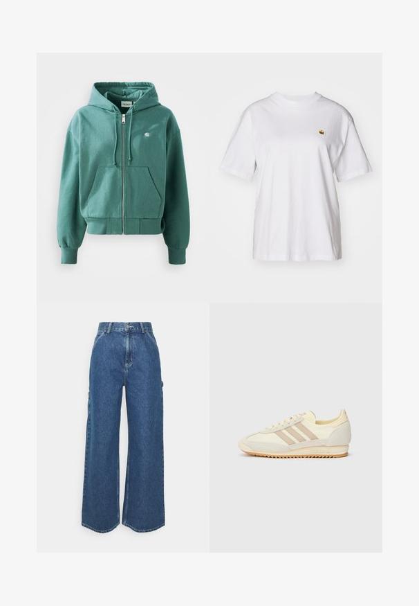 Felpa verde con cappuccio e zip realizzata in tessuto morbido, dotata di tasca a marsupio, polsini e orlo a costine, e un piccolo logo sul petto.; Maglietta in cotone bianco con vestibilità rilassata, maniche corte e un piccolo logo ricamato sul lato sinistro del petto.; Pantaloni in denim blu a gamba larga con vita alta, cuciture a contrasto e tasche laterali, caratterizzati da un classico design a cinque tasche e orli grezzi.; Sneaker sportivo crema con tre strisce beige, materiali in suede e tessuto, suola testurizzata e logo in rilievo sul tallone.