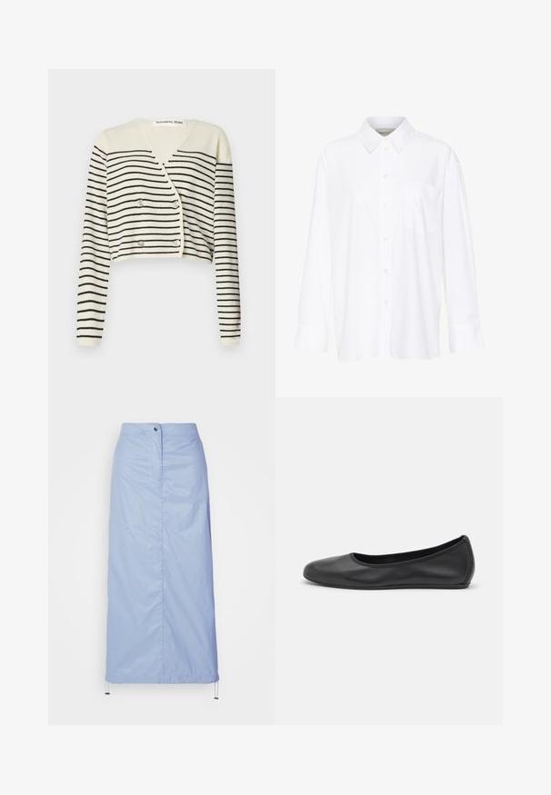 Kreemi värvi lühendatud kardigan, millel on mustad horisontaalsed triibid. Kujundatud V-kaelusega, pika varrukaga ning topeltnööbiga kinnitamiseks detailide rõhutamiseks.; Valge pika käisega krae särg, mis on valmistatud puuvillast. Omab nööbipaneeli esiosa ja ühte rinna taskut. Sujuv tekstuur, vabalt lõigatud.; Hele sinise, keskmise pikkusega seelik, mis on valmistatud siledast, kergest materjalist ja millel on sirge lõige. Seelikul on eesnuppude sulgemine ja tõmbluku äär.; Musthave mustika tantsutossud mustast nahast, ümmarguse varbaga, siledast tekstuurist, minimaalse õmblusdetailiga ja paindliku tallakujundusega.