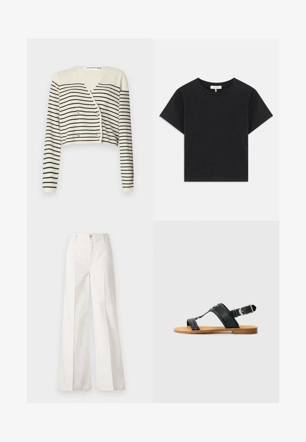 Cardigan court en crème, présentant des rayures noires horizontales. Conçu avec un col en V, des manches longues et une fermeture à double bouton pour plus de détail.; T-shirt noir cropped en coton, avec un col rond, des manches courtes et un design simple sans motifs ni embellissements.; Pantalons blancs à jambes larges en coton avec une texture douce. Comprend un bouton à l'avant, une fermeture éclair et un design à quatre poches.; Sandale en cuir noir avec boucle réglable, semelle plate couleur tan, et deux larges bandes se croisant sur le pied, design minimaliste.