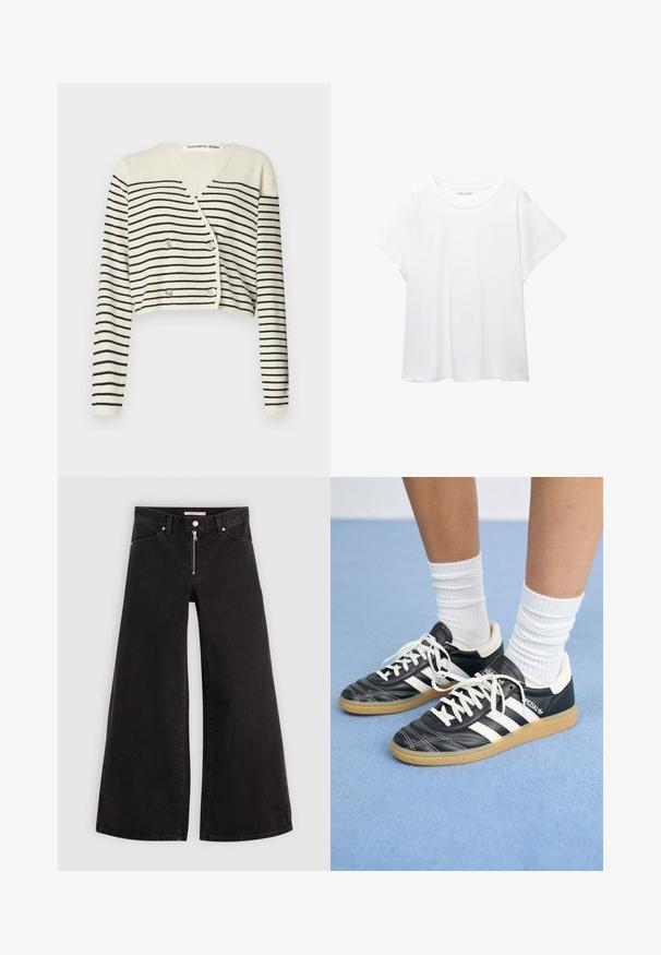 Cardigan accorciato in crema, con strisce orizzontali nere. Progettato con scollatura a V, maniche lunghe e chiusura con doppio bottone per un tocco di dettaglio.; T-shirt bianco realizzato in un tessuto morbido e leggero. Presenta un collo rotondo e maniche corte e larghe con vestibilità morbida. Nessun motivo visibile.; Jeans a gamba larga in denim nero con chiusura a zip, design a cinque tasche e dettagli di cucitura sottili. Texture morbida e stile casual.; Sneaker in pelle nera con strisce bianche, punta rotonda, lacci bianchi e suola in gomma. Menzionate del collare imbottito e dettagli del marchio.