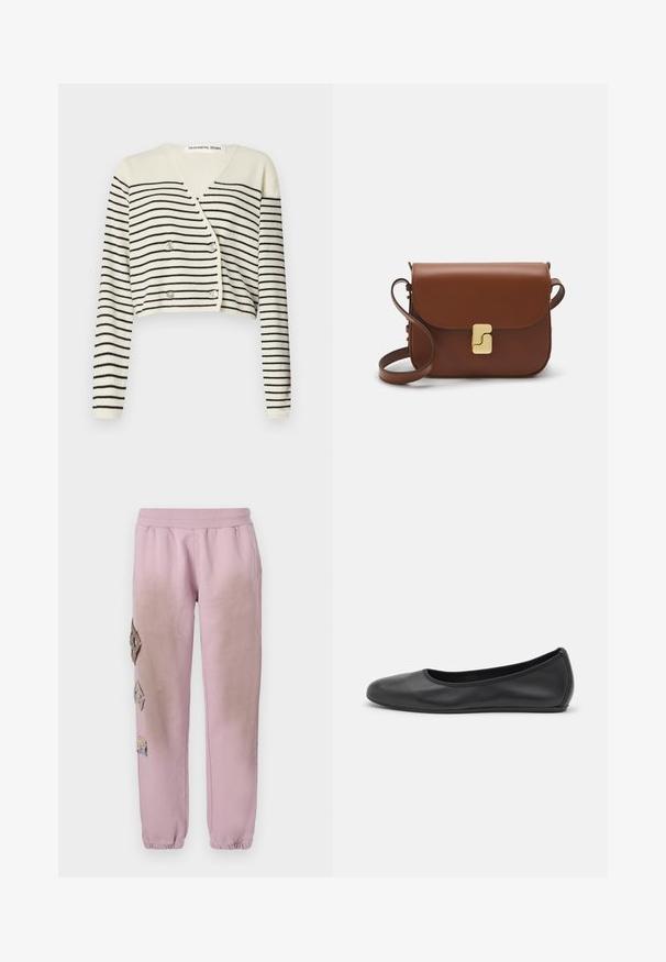 Przycięty kardigan w kremowym kolorze z czarnymi poziomymi paskami. Zaprojektowany z dekoltem w serek, długimi rękawami i podwójnym zapięciem na guzik dla dodatkowego efektu.; Biała koszulka krótki rękaw wykonana z materiału prążkowanego. Okrągły dekolt, regularny krój i subtelne detale szwów. Bez wzorów ani grafik.; Różowe dresy z elastycznym pasem, zdobione dekoracyjnymi łatkami w kształcie diamentów po lewej stronie oraz elastycznymi mankietami na kostkach.; Czarne skórzane baletki z zaokrąglonym noskiem, gładką fakturą, minimalnymi przeszyciami i elastycznym designem podeszwy.; Brązowa skórzana torebka na ramię z klapką, złotymi detalami, paskiem na ramię i gładką teksturą. Kompaktowy prostokątny kształt.