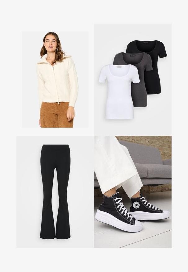 Krema pulover z pletenim vzorcem in visokim ovratnikom ter zadrgo, v kombinaciji z rjavimi kordnimi hlačami. Mehak material in prilegajoča zasnova.; Tri prilegla majica v beli, sivi in črni barvi. Vsaka ima širok izrez na vratu in kratke rokave. Narejene so iz gladkega, raztegljivega materiala.; Črne hlače s širokimi hlačnicami, izdelane iz raztegljive tkanine, z visokim pasom in gladko teksturo. Hlače se širijo od kolena navzdol.; Črni visoki supergi z belimi gumijastimi podplati in vezalkami. Na njih je okrogel logotip in kontrastno belo šivanje. Iz blaga platna.