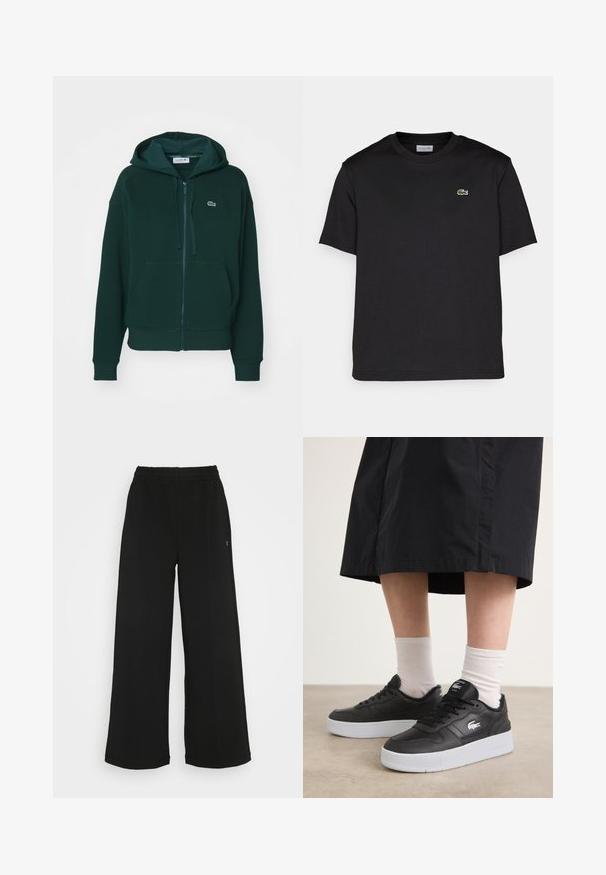 Grønn hettejakke med glidelås laget av mykt stoff, med kengurulomme, ribbede mansjetter og en liten brodert logo på brystet.; Svart bomull T-skjorte med rund hals, korte ermer og en liten grønn brodert logo på venstre bryst. Enkelt design.; Svarte vide bukser med elastisk midjebånd. Laget av et mykt og lett materiale. Har vertikale sømmer langs fronten.; Svarte lær-sneakers med hvit gummisåle, med logo på siden, rund tå og svarte lisser. Brukt med hvite sokker.