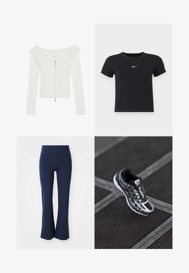 Balts ribots garām piedurknēm tops ar neapstrādātu plecu dizainu un lielu plakanu apkakli, ar priekšējo rāvējslēdzēju un minimālu aparatūras akcentu.; Melns īsām piedurknēm T-krekls no kokvilnas ar apaļu kakla izgriezumu. Ar balto Nike logotipu uz krūtīm, minimālisma dizains un pieguļošs siluets.; Modelētas no stiept auduma, tumši zilas flared bikses ar platu jostu. Gluda tekstūra un bez redzamām rakstu vai metāla detaļām.; Nike skriešanas apavi ar melnas un sudraba krāsas shēmu, acs augšdaļu, teksturētu zoli un saistes sistēmu drošai piegulšanai.