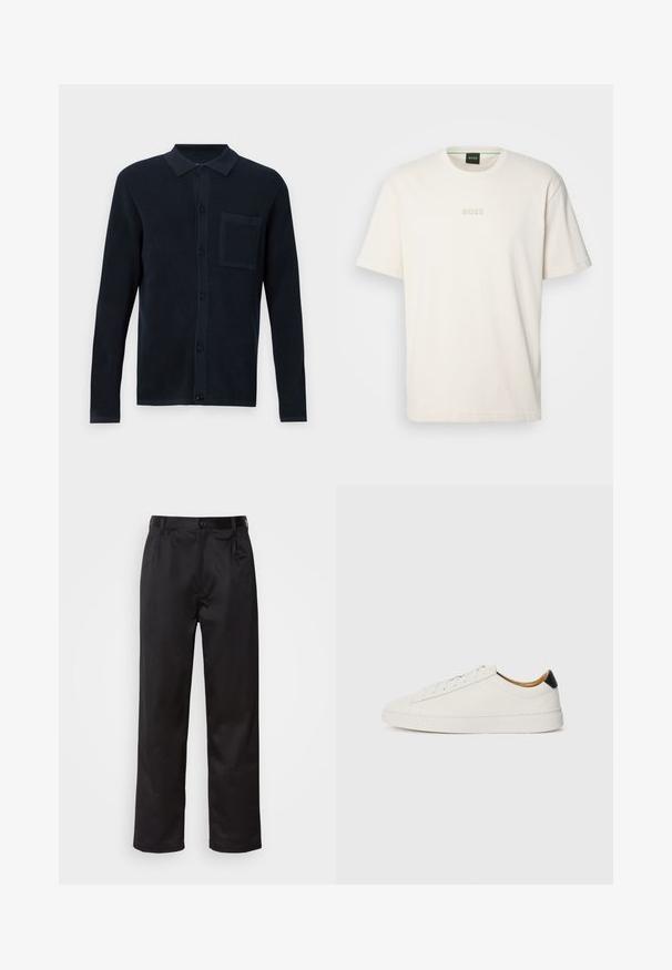Ναυτικό μπλε κάρντιγκαν με υφασμάτινη πλέξη, κλείσιμο με κουμπιά και στήθος τσέπη. Διαθέτει γιακά και μακριά μανίκια.; BOSS TEE - Βασικό μπλουζάκι - open white; Μαύρο παντελόνι από λείο ύφασμα, με κλείσιμο μπροστά με κουμπί, πιέτες και ίσια πόδια. Χωρίς ορατά σχέδια ή διακοσμητικά στοιχεία.; Λευκό αθλητικό παπούτσι με λείο δέρμα, στρογγυλή μύτη και επίπεδη σόλα. Μαύρη λεπτομέρεια στη φτέρνα, με τονικό κορδόνι και ελάχιστο branding.