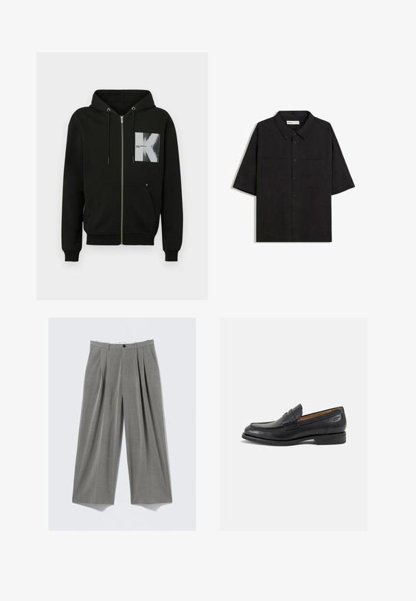 Crna majica s kapuljačom na patentni zatvarač, s prednjim džepom, kapuljačom na vezice i grafičkim kvadratom s stiliziranim "K" i okomitim bijelim linijama.; Crna košulja kratkih rukava s ovratnikom, dva prednja džepa, zatvaranje na gumbi i glatka tekstura tkanine.; Sive prugaste široke hlače za odijela s prednjim nabora, petljama za remen, bočnim džepovima i crnom dugmadi za zatvaranje.; Crne kožne loferice s glatkom površinom, zaobljenim vrhom i dekorativnim šavom na gornjem dijelu. Nizak potplat s malim potpeticama i blagi sjaj.
