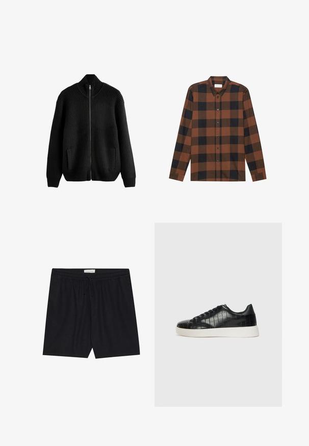 Crni pleteni pulover s rebrastom teksturom, visokim ovratnikom, punim patentnim zatvaračem i bočnim džepovima. Ima opušteni kroj i strukturirane ramene.; Smeđi i crni karirani košulja dugih rukava izrađena od tkanine s ovratnikom na gumbe i zakopčavanjem na gumbe; ima rukave s manžetama.; Crne kratke hlače s elastičnim pojasom i vezicom, s glatkom teksturom i ravnim krojem, pogodne za svakodnevno nošenje.; Crne tenisice s teksturiranom gornjom površinom od kože s uzorkom krokodila, zaobljenim vrhom i kontrastnom bijelom gumenom potplatom s glatkom završnom obradom.