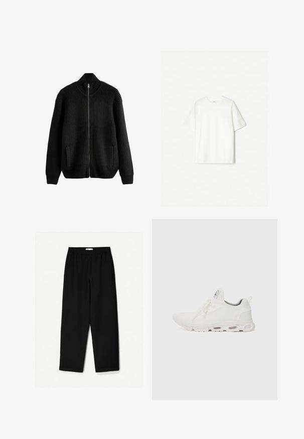 Fekete kötött pulóver ribbed textúrával, magas gallérral, teljes elülső cipzárral és oldalsó zsebekkel. Lazább fazonú, strukturált vállakkal rendelkezik.; Fehér, rövid ujjú póló, puha pamutból készült. Környakú dizájn, laza szabással, látható logók vagy minták nélkül.; Fekete, bő szárú nadrág könnyű anyagból. Rugalmas derékrésszel és sima felülettel rendelkezik. Nincsenek látható minták vagy hardverelemek.; Fehér sportcipők, texturált kötött felsőrésszel, lapos fűzőkkel és párnázott talppal, amely látható légkamrákkal rendelkezik a megerősített kényelem érdekében.