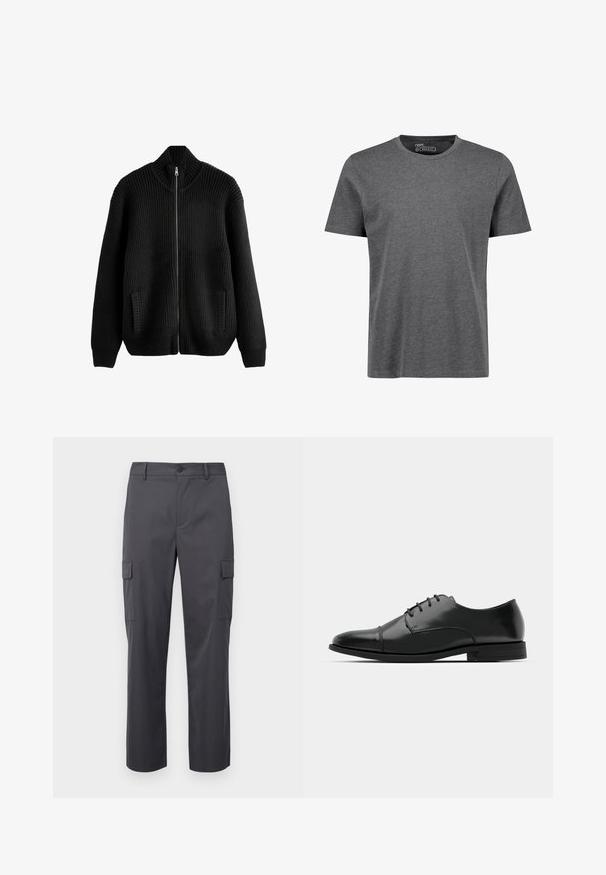 Čierny pletený sveter s jemným textúrovaním, vysokým golierom, plným predným zipsom a bočnými vreckami. Má uvoľnený strih a štruktúrované ramená.; Sivá, klasicky strihaná tričko s krátkym rukávom vyrobené z mäkkej tkaniny. Má okrúhly výstrih a ramenné švy s minimálnymi švovými detailmi.; Charcoal šedé cargo nohavice vyrobené z hladkej tkaniny, s rovnými nohavicami, dvoma bočnými vreckami a zapínaním na gombík v páse.; Čierne kožené spoločenské topánky s okrúhlou špičkou, šnurovací dizajn, jemné prešívanie a nízky podpätok. Hladká štruktúra s lesklým povrchom.