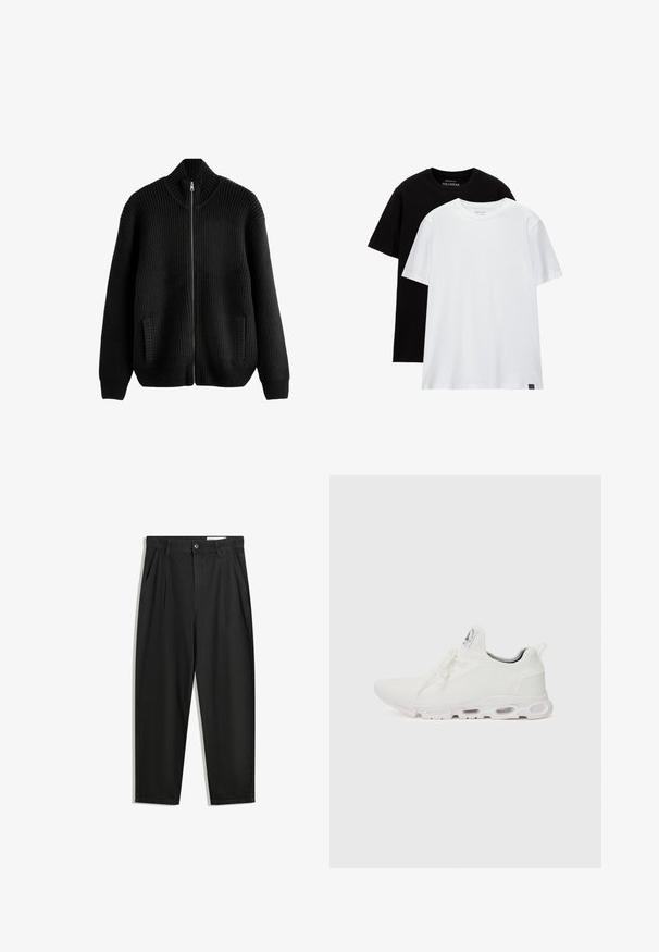 Czarny sweter dziergany z prążkowaną teksturą, wysoki kołnierz, zamek błyskawiczny na całej długości i boczne kieszenie. Posiada luźny krój i wyraźnie zarysowane ramiona.; Dwie koszulki o regularnym kroju, jedna czarna, a druga biała, wykonane z bawełny. Obie mają okrągły dekolt i krótkie rękawy. Prosty design, bez wzorów.; Czarne bawełniane spodnie o luźnym kroju, z klasycznym pasem, przednimi plisy oraz bocznymi kieszeniami. Gładka struktura, bez wzorów.; Białe buty sportowe z teksturowaną cholewką z dzianiny, płaskimi sznurowadłami oraz wyściełaną podeszwą z widocznymi komorami powietrznymi dla dodatkowego wsparcia.
