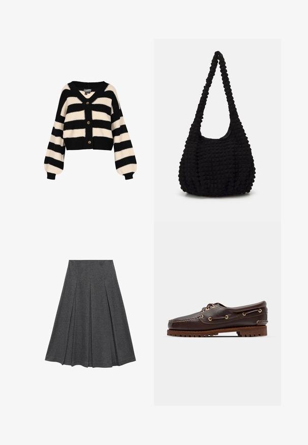 Cardigan striped în negru și crem, cu decolteu în V, trei nasturi și mâneci tip balon. Textură tricotată cu o croială scurtă.; Camasa cropped cu nasturi, prezentând dungi verticale albastre și albe, cu un finisaj texturat, guler ascuțit și manșete cu un singur nasture.; Fustă plisată gri cu o formă evazată, realizată dintr-un material moale. Are plisuri verticale și un talie netedă pentru un aspect fix.; Șlapi de punt pe culoare maro din piele, cu ochiuri aurii, șireturi rotunde și o talpă texturată din cauciuc maro. Prezintă detalii cusute și un logo ridicat.; Geantă din material texturat negru, cu o singură curea răsucită, având o formă căptușită și un design cu suprafață strânsă.