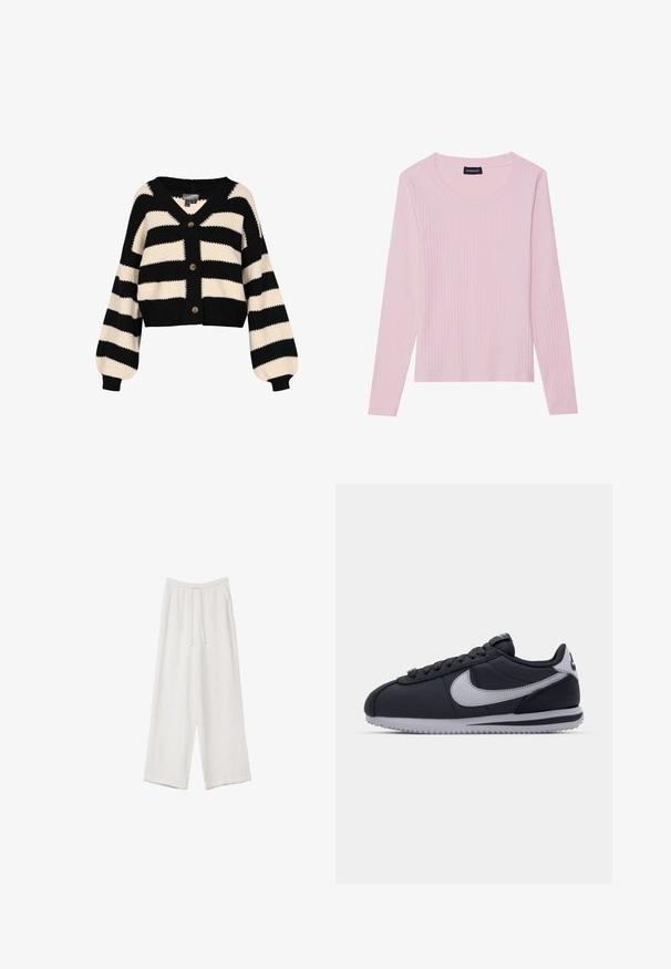 Černobíle pruhovaný kardigan s V-výstřihem, třemi knoflíky a balónovými rukávy. Pletená struktura s kratším střihem.; Světle růžový dlouhý rukáv top z pletivého materiálu s kulatým výstřihem a přiléhavým střihem. Vyrobeno z měkké, texturované tkaniny. Minimalistický design, bez vzorů.; Bílé široké kalhoty vyrobené z lehké tkaniny. Mají elastický pas se šňůrkou a boční kapsy. Hladká textura.; Černá sportovní bota s šedými akcenty, hladký syntetický svršek, strukturovaná podrážka, zakulacená špička a ploché tkaničky. Klasický design s detailem loga.
