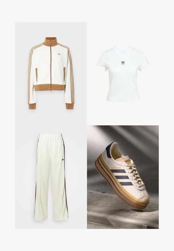 Veste blanche raccourcie avec un col et des poignets côtelés marron. Comprend deux poches latérales et trois bandes marron le long des manches. Logo brodé.; T-shirt en coton blanc à manches courtes et encolure ras du cou. Présente un logo Adidas noir imprimé sur la poitrine. Design simple et minimaliste.; Pantalons de survêtement couleur crème avec une coupe décontractée, présentant des rayures latérales marron foncé et un logo brodé sur la cuisse gauche.; Baskets Adidas Gazelle avec une tige en daim crème, des accents en cuir bleu, trois rayures bleues, une semelle intermédiaire beige et une semelle extérieure en caoutchouc marron.