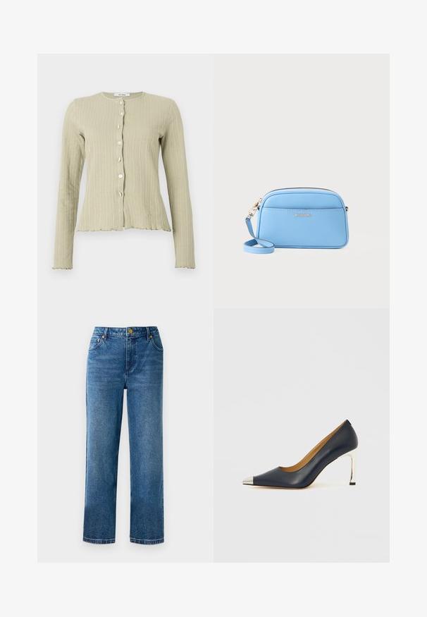 Lysegrønn ribbestrikket cardigan med rund hals, lange ermer, knappest closure foran og scalloped hem-detaljer.; Hvit knapp-up skjorte laget av bomull, med klassisk krage, to brystlommer og lange ermer med mansjetter. Glatt tekstur.; Blå høyderte bukser med rett benkutt, laget av denim, med fem lommer og detaljer i gullfarget metall.; Marineblå høyhælte skinnsko med spiss tå, som har en sølvfarget metallhatt og en blank sølvfarget stiletthæl.; Lys blå skinn crossover-veske med gulltonet detaljer, glidelås lukking og en frontlomme. Har justerbar stropp for ekstra bekvemmelighet.