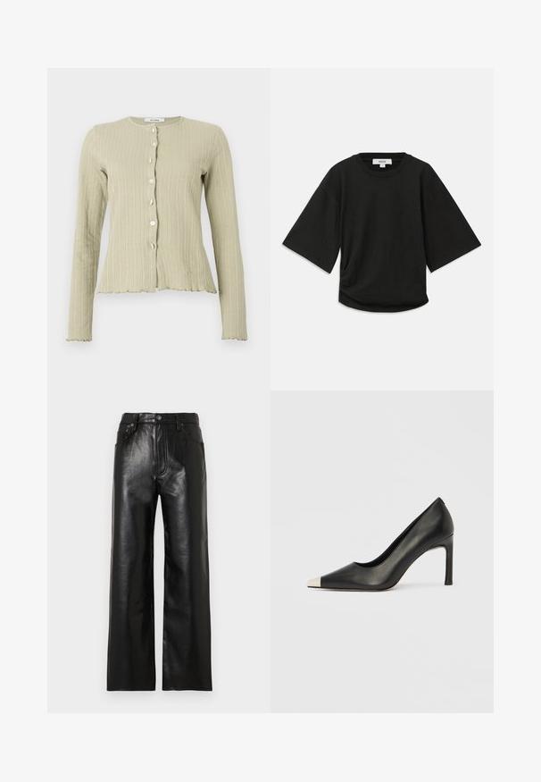 Světlý zelený žebrovaný cardigan s kulatým výstřihem, dlouhými rukávy, zapínáním na knoflíky a detailním lemováním ve tvaru scallop.; Černé triko s krátkým rukávem vyrobené z měkké bavlny, s kulatým výstřihem a uvolněným střihem se jemným nařaseným detailem na boku.; Černé kožené kalhoty s širokými nohavicemi a lesklým povrchem, s předními kapsami, zipem na přední straně a zapínáním na knoflík. Hladká textura po celé ploše.; Černá kožená lodička na vysokém podpatku s špičatou špičkou a stříbrnou kovovou špičkou. Má hladký povrch a štíhlý 10cm podpatek.
