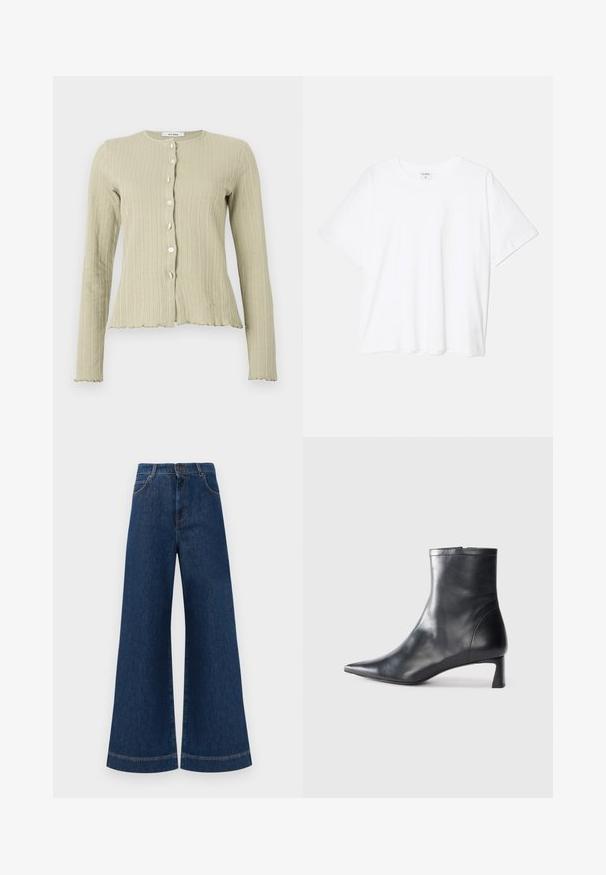 Vaaleanvihreä uurrettu neuletakki, jossa on pyöreä pääntie, pitkät hihat, nappi-edestä suljettava ja aaltoileva helman yksityiskohta.; Valkoinen puuvillapaita lyhyillä hihoilla, pyöreällä pääntiellä, rentoa tyyliä ja ommeltu helma. Tunniste näkyvissä sisäkauluksessa.; Siniset farkut leveällä lahkeella ja korkealla vyötäröllä, jossa on nappikiinnitys, vyölenkit sekä huomaamattomat tikkaus yksityiskohdat taskuissa ja lahkeissa.; Musta nahkainen nilkkabotti, jossa on teräväkärkinen muotoilu ja tyylikäs design. Varusteena matala korko ja takana vetoketjukiinnitys. Sileä pinta.