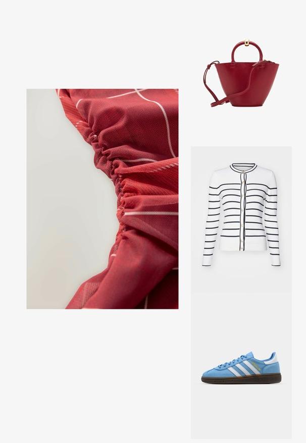 White ribbed cardigan with navy horizontal stripes, featuring a round neck, long sleeves, and gold buttons down the front.; Red, textured fabric with gathered detailing and white linear patterns, showcasing a smooth and slightly glossy appearance.; Light blue suede sneakers with white leather stripes, a brown textured sole, and gold logo detail. Low-top design with rounded toe.; Red leather handbag with a rounded top, structured cone shape, a short handle, and a detachable shoulder strap. Features gold hardware accents.