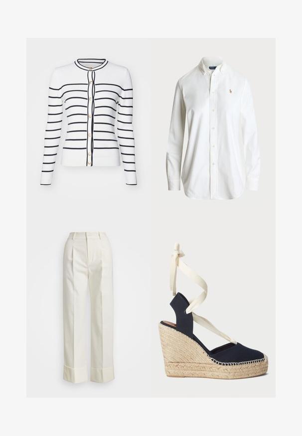 Hvit rippet cardigan med marineblå horisontale striper, med rund hals, lange ermer og gullknapper foran.; Hvit skjorte med klassisk krage, lange ermer og en diskret brodert logo på brystet. Laget av kvalitets bomullsstoff.; Hvite skreddersydde bukser med høy midje, doble frontfold, og vide ben med brettede mansjetter. Laget av et glatt, teksturert stoff.; Marine blå lærret kile sandal med jute såle og kremfargede bånd rundt ankelen. Lukket hæl og rund tå-design.
