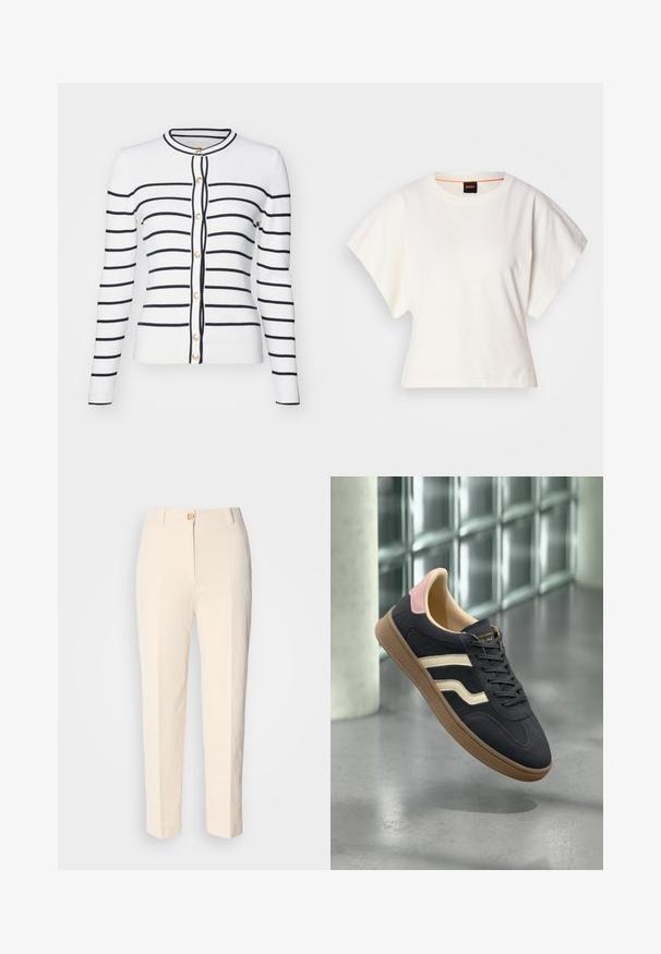 Bela rebrasta kardigana z morskimi horizontalnimi črtami, z okroglim ovratnikom, dolgimi rokavi in zlatimi gumbi spredaj.; Bela skrajšana majica s kratkimi širokimi rokavi, mehka bombažna tkanina, okrogla ovratnica z diskretnim oranžnim robom, minimalističen dizajn, brez vzorcev ali grafike.; Kremne hlače z visokim pasom, izdelane iz teksturirane tkanine. Imajo sprednje zapiranje na gumb in ožje noge.; Mornarsko modri usnjeni športni copati s kremnimi črtami, roza poudarki na peti in teksturiranim tanjem gumijastim podplatom. Klasična nizka zasnova.