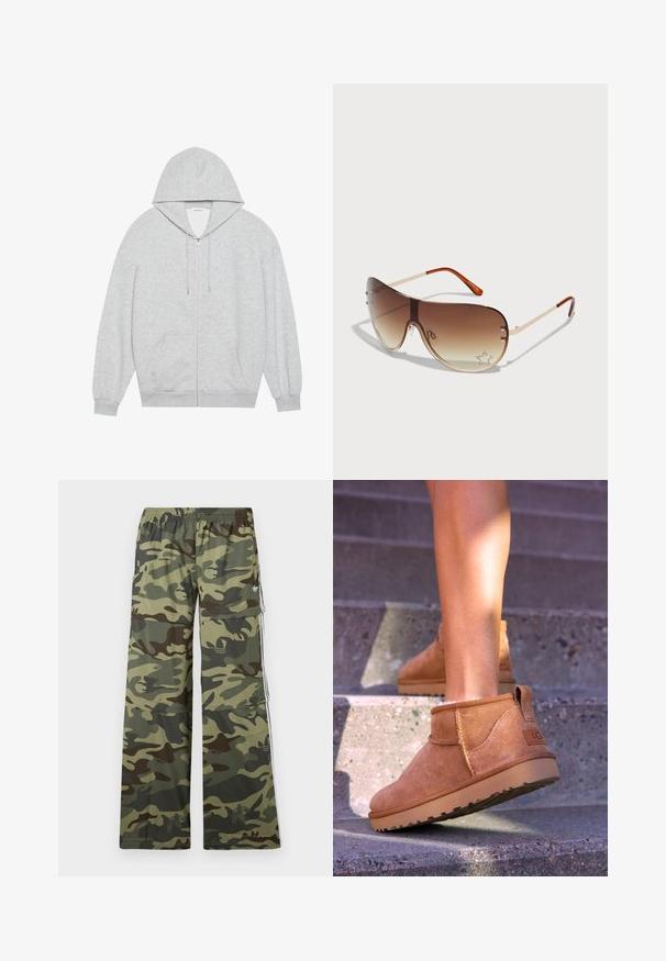 Felpa grigia con zip, dotata di un cappuccio grande, maniche lunghe e tasche frontali. Texture liscia con una vestibilità rilassata e dettagli minimi.; Canotta bianca in cotone con spalline larghe, scollatura rotonda e una texture liscia e a coste. Nessun motivo o dettaglio presente.; Pantaloni cargo con motivo mimetico in tonalità di verde e marrone, caratterizzati da un design a gamba larga, una vita elasticizzata e tasche laterali con strisce.; Stivali alla caviglia in suede beige con una consistenza morbida, dettagli cuciti e suola in gomma, dotati di un tacco ad anello per una facile vestibilità.; Occhiali da sole con lenti a gradiente marrone, montatura in metallo e motivo decorativo a stelle con strass nell'angolo in basso a destra della lente.; Borsa a mano in pelle marrone con chiusura a zip, tracolla e motivo logo impresso. Finitura liscia con dettagli in metallo dorato.