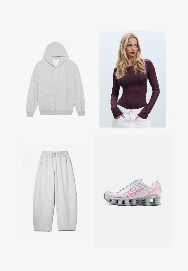 Sivá mikina na zips s veľkou kapucňou, dlhými rukávmi a prednými vreckami. Hladká textúra, uvoľnený strih a minimálne detaily.; Burgundská dlhá rukávová priliehavá blúzka s okrúhlym výstrihom a otvorom na palec, skombinovaná s bielymi nohavicami s vysokým pásom. Hladká tkanina a elastická štruktúra.; Svetlošedé tepláky s voľným strihom, elastickým pásom, šnúrkou a bočnými vreckami; vyrobené z mäkkej, štruktúrovanej látky.; Nike športová obuv v bielej a svetloružovej farbe. Má sieťovinový zvršok a charakteristickú zakrivenú podrážku s viditeľným vzduchovým odpružením.