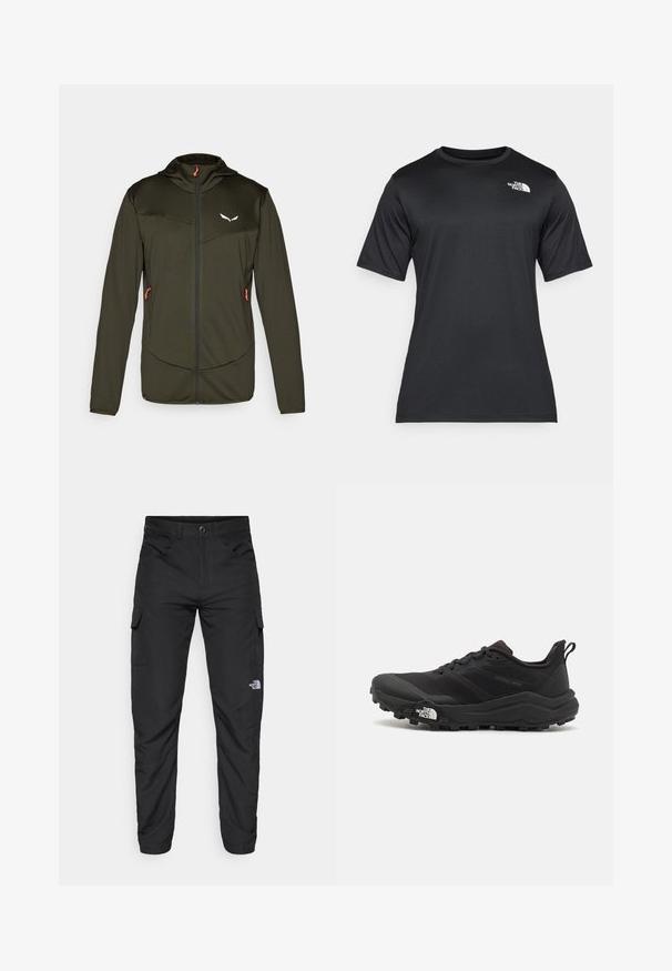 Ľahká olivovozelená bunda so zipsom vpredu, kapucňou a dvoma bočnými vreckami. Vyznačuje sa textúrovaným materiálom a kontrastným oranžovým ťahákom zipsu.; Čierne tričko s krátkym rukávom vyrobené z ľahkej, vlhkosť odvádzajúcej tkaniny. Má biele logo na ľavej strane hrudníka a okrúhly výstrih.; The North Face HORIZON PANT - Outdoorové nohavice - black; Čierne trailové behacie topánky s štruktúrovaným zvrškom, gumovou podrážkou a vystuženou špičkou. Obsahuje polstrovaný golier a úchyt na jednoduché obúvanie.