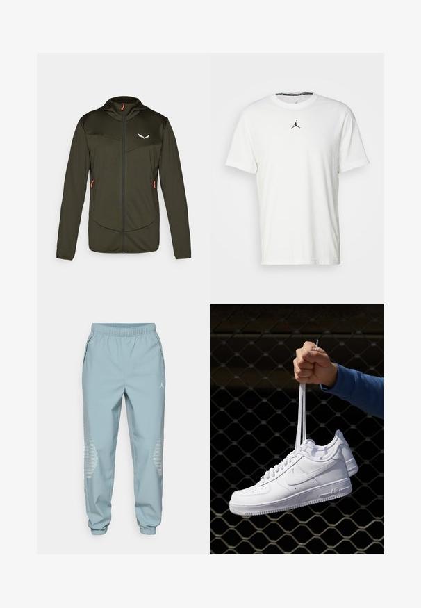 Jaqueta leve de cor verde-oliva com fecho à frente, capuz e dois bolsos laterais. Apresenta um material texturizado e puxador do ziper em laranja contrastante.; T-shirt branco de mangas curtas, feito de algodão, com um logo Jumpman preto no peito e um decote redondo com uma etiqueta interior preta.; Calças de desporto azul claro com cintura elástica, bolsos laterais e detalhes refletivos em forma de pontos nas pernas inferiores.; Sapatilhas de couro branco com perfurações, biqueira redonda, sola plana e atacadores grossos, apresentando um logotipo swoosh visível e "AIR" no calcanhar.