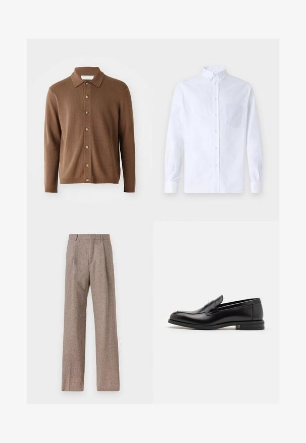 Barna kötött kardigán, galléros nyakkal, gombos elejével és hosszú ujjaival, puha anyagból készült, finom textúrával.; Fehér, hosszú ujjú, gombos ing pamutból, mellzsebbel, tónusos hímzéssel, gallérral és gombos mandzsettával.; Barna, magas derekú nadrág texturált anyagból. Széles szárai és két elülső redője biztosítja a struktúrát. Ízléses kivitel, látható fémszerelés nélkül.; Fekete bőr loaferek sima textúrával, kerek orral és dekoratív pánttal a vampnál. Alacsony, rétegelt sarkú, minimalista dizájn.