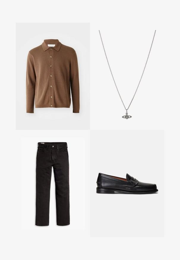 Hnedý pletený kardigan s golierom, so zapínaním na gombíky, dlhými rukávmi a vyrobený z mäkkého materiálu s jemnou textúrou.; Čierne bavlnené tričko s okrúhlym výstrihom a krátkymi rukávmi. Obsahuje decentné logo na prednej strane a rovný lem. Jednoduchý a minimalistický dizajn.; Čierne džínsy s rovnými nohavicami, s piatimi vreckami, s rozopínaním na gombík a pútkami na opasok, položené na bielom pozadí.; Čierne kožené mokasíny s hladkým povrchom, zaoblenou špičkou a ozdobným pásikom cez hornú časť. Majú nízku čiernu podrážku.; Strieborný retiazkový náhrdelník s detailným príveskom v tvare planéty, zdobený malými akcentmi a zložitými vzormi.