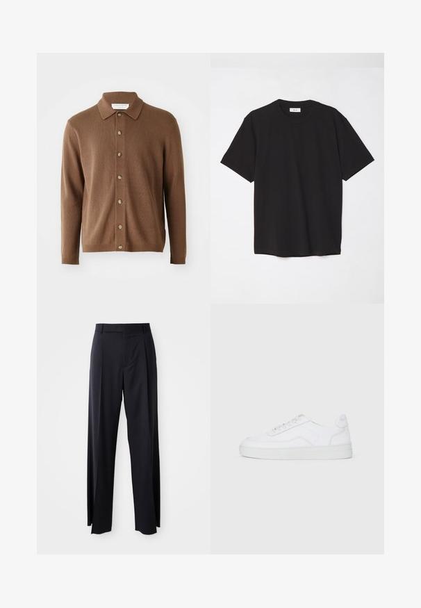 Brun stickad cardigan med krage, har knappstängning fram och långa ärmar, tillverkad av mjukt material med en subtil textur.; Svart bomulls t-shirt med rund hals, korta ärmar och avslappnad passform. Enkelt mönster, jämn textur och inga synliga mönster eller logotyper.; Svarta, högmidjade byxor med vida ben, gjorda av mjukt tyg. Har framtill veck och bälteshällor. Minimalistisk design, ingen synlig hårdvara.; Vit låg sneaker med snörning, slät ovandel och gummisula på en neutral ljus bakgrund.