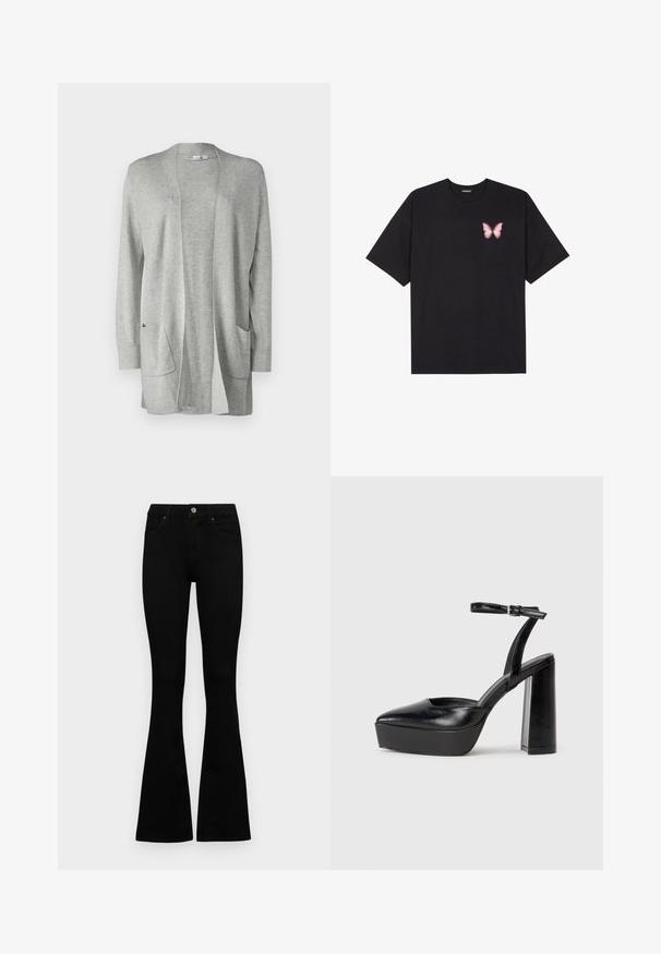 GAP V-BELLA OPEN THIRD - Strickjacke - grey heather; Schwarzes Baumwoll-T-Shirt mit kurzen Ärmeln, das ein kleines pinkes Schmetterlingsmotiv auf der linken Brust zeigt. Crewneck-Design mit einem entspannten Schnitt.; Schwarze hochtaillierte Jeans mit einem Knopf- und Reißverschluss, Fronttaschen und ausgestellten Beinen, flach auf einem weißen Hintergrund ausgelegt.; Schwarze Plateau-High Heels mit spitzem Zeh und verstellbarem Knöchelriemen. Gefertigt aus glattem Leder und mit einem klobigen Blockabsatz.