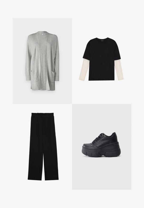 GAP BELLA szary; Czarny T-shirt wykonany z bawełny, z krótkimi rękawami na białej warstwie z długim rękawem z delikatnym teksturowanym wzorem. Projekt z okrągłym dekoltem.; Czarne spodnie typu wide-leg z falbaną w pasie, z dwoma bocznymi kieszeniami i gładkim, lekkim materiałem. Brak widocznych wzorów lub elementów metalowych.; Czarne sznurowane trampki z masywną podeszwą, z gładkim skórzanym wierzchem, zaokrąglonym noskiem i wyraźnym, warstwowym designem platformy.