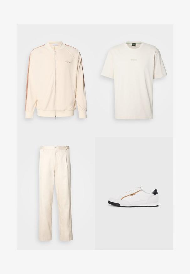 Kremfarget bomberjakke med glidelås, kontrasterende brune striper på skuldrene, ribbestrikkede mansjetter og subtil logo-broderi på brystet.; BOSS TEE - T-shirts - open white; Beige bomullsbukser med rett benfatt, med knappelukking og folder foran for ekstra detaljer.; Hvite sporty sko med mesh- og lærdetaljer. Har en gull "BOSS"-logo, teksturerte sidepaneler og en svart hælbru. Gummisåle.