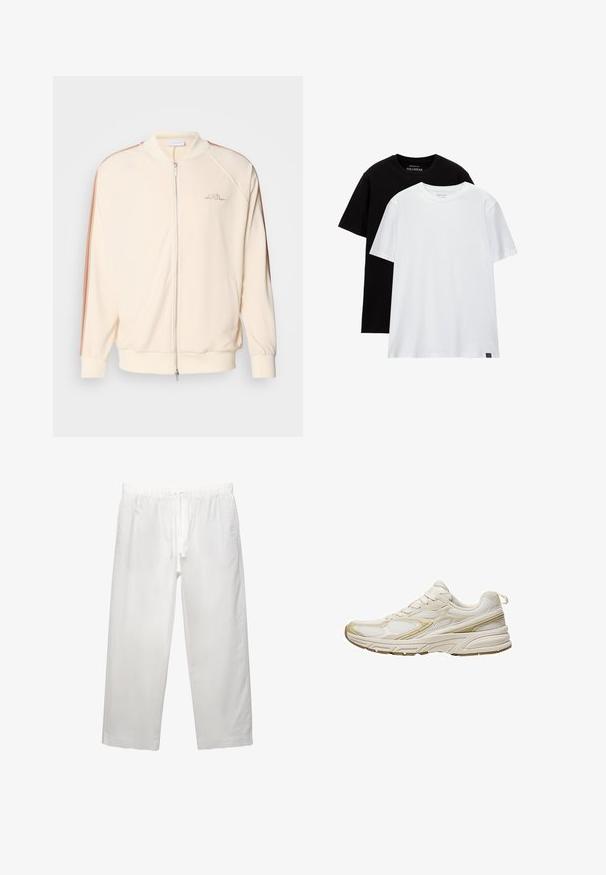 Kermainen bomber-takki vetoketjukiinnityksellä, kontrastiväriset ruskeat raidat olkapäissä, ribbireunat ja hillitty logoemmellys rinnassa.; Kaksi normaalia mallia olevaa t-paitaa, yksi musta ja yksi valkoinen, puuvillasta valmistetut. Lyhyet hihat ja pyöreä pääntie, jossa näkyvä etiketti alareunassa.; Valkoiset pellava-housut, joissa on elastinen vyötärö ja naru, leveät lahkeet ja siistit saumat. Sileä pinta ja rento istuvuus.; Valkoiset urheilukengät, jotka on valmistettu verkkokankaasta ja synteettisestä materiaalista. Kengissä on pyöristetty kärki, pehmustettu pohja ja beige korostus sivuilla.