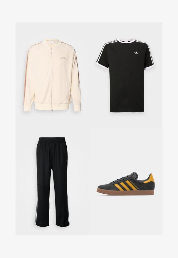 Cream bomber jacket with zip closure, contrasting brown stripes on shoulders, ribbed cuffs, and subtle logo embroidery on chest.; Black t-shirt made of cotton with white accents. Features short sleeves, raglan design, and a small logo on the chest. Three white stripes on shoulders.; Black athletic pants with an elastic waistband, featuring white side stripes and a small logo. Material appears soft and lightweight.; Black suede sneaker with yellow accents, featuring three stripes and a brown rubber sole. Includes a padded tongue for comfort.