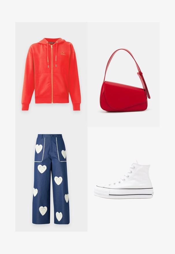 Piros cipzáras kapucnis pulóver sima textúrával, kenguru zsebekkel, húzózsinórral ellátott kapucnival és aranyszínű logóval a mellrészen.; Virágmintás blúz hosszú puffos ujjakkal, világos krém alapon, lila, narancs és zöld virágmintázattal, klasszikus gallér dizájnnal.; Sister Jane HEART TO HEART - Egyenes szárú farmer - blue denim; Fehér magaskorsó vászon sportcipő fekete gumi talppal, elülső gumi orrnyereggel és hat fűzőlyukkal, letisztult, minimalista dizájnnal.; Piros bőr kézitáska szögletes, geometrikus kialakítással. Egy állítható pánttal és varrott részletekkel ellátott fedélzárral rendelkezik.