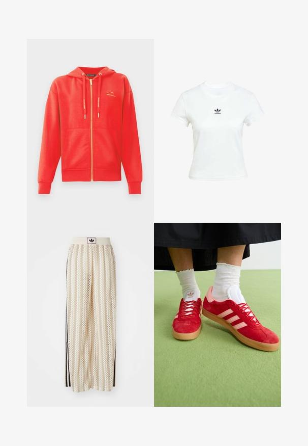 Sudadera roja con cremallera y textura suave, bolsillos tipo canguro, capucha con cordón y logo en dorado en el pecho.; Camiseta blanca de algodón con mangas cortas y cuello redondo. Presenta un logo negro de Adidas impreso en el pecho. Diseño simple y minimalista.; Pantalones de pierna ancha en color crema con un patrón en zigzag, que cuentan con una cinturilla con logo negro y franjas negras en los laterales. Tejido ligero y texturizado.; Zapatillas de ante rojas con acentos rosas, logo blanco de tres franjas y cordones rojos. Usadas con calcetines de tubo blancos en una superficie verde.