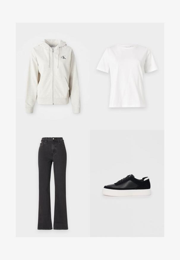 Světle šedá mikina na zip s kapucí na stahovací šňůrku, předními kapsami a malým vyšitým logem na hrudi. Hladká textura. Materiál z bavlněné směsi.; Bílý bavlněný tričko s krátkým rukávem, kulatým výstřihem a volnějším střihem. Hladká textura, bez vzorů nebo akcentů, minimalistický design.; Černé vysoké rozšířené džíny z denimu, se zapínáním na knoflík, poutky na opasek a bočními kapsami. Hladká textura s minimálním vyblednutím.; Černé sneakersy s hladkou kůží a semišovými panely, plochými šňůrkami, zaoblenou špičkou a bílou gumovou podrážkou. Výrazné logo na patě.