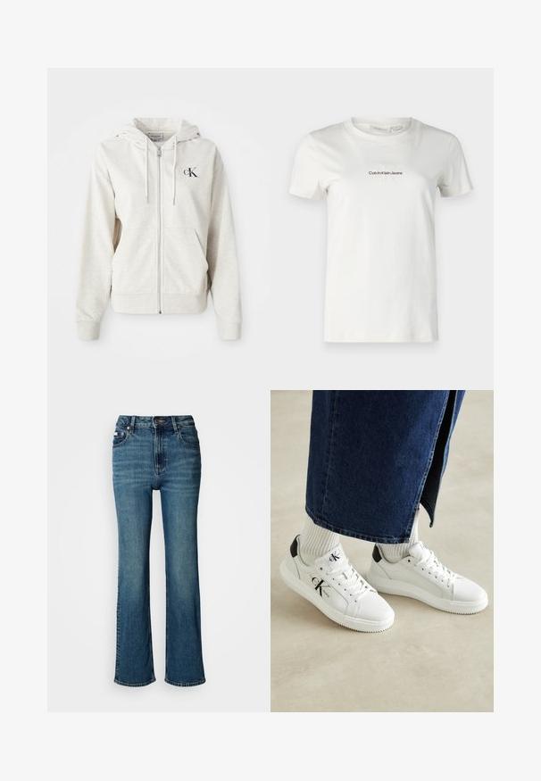 Light gray zip-up hoodie with a drawstring hood, front pockets, and a small embroidered logo on the chest. Smooth texture. Cotton blend material.; White cotton t-shirt with short sleeves, crew neck, featuring a small, embroidered "Calvin Klein Jeans" logo in dark brown. Simple design.; High-waisted blue jeans made of denim, featuring a straight leg design, subtle fading, and a standard button and zipper closure.; White sneakers with a smooth leather upper, black heel accent, and perforated detailing. Features a textured rubber sole and laces.