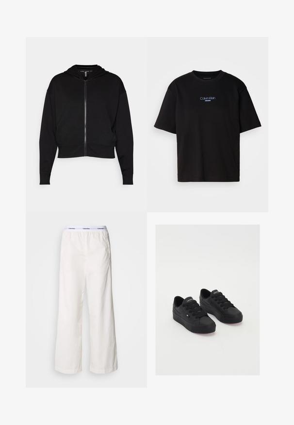 Melnā sporta jaka ar rāvējslēdzēju, izgatavota no gludas, maigas materiāla. Iekļauj kapuci, īsu garumu un ribotas piedurknes. Minimālisma dizains bez rakstiem.; Melna kokvilnas T-kreklu ar apaļu kaklu, īsām piedurknēm un zilu izšūtu "Calvin Klein JEANS" logo priekšpusē.; Baltās platās bikses ar elastīgu jostu, kurai ir kontrastējošs Calvin Klein logo. Izgatavotas no gludas auduma, tās nodrošina brīvu piegriezumu.; Melnas zemas sporta kurpes, izgatavotas no gludas auduma, ar biezām auklām, teksturētu zoli un mazu logotipu sānos un mēlītē.