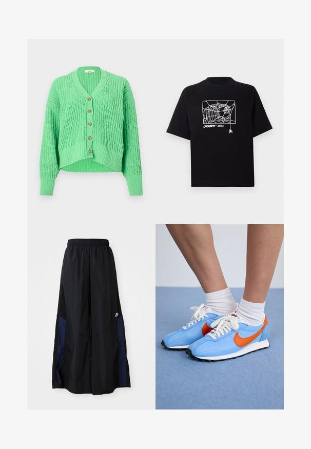 Cardigã verde tricotado com decote em V, cinco botões de madeira, textura canelada e design cropped com mangas compridas.; T-shirt preta feita de algodão com mangas curtas. Apresenta uma gravação de teia de aranha branca e um logótipo na parte da frente. Possui um decote simples em forma redonda.; Calças largas pretas feitas de tecido leve, com um painel lateral azul-marinho e cintura elástica. Pequeno logótipo branco na parte inferior.; Tênis de malha e camurça azuis com detalhes laranja e atacadores brancos. Solado de borracha preto. Usados com meias brancas de cano curto sobre uma superfície azul.