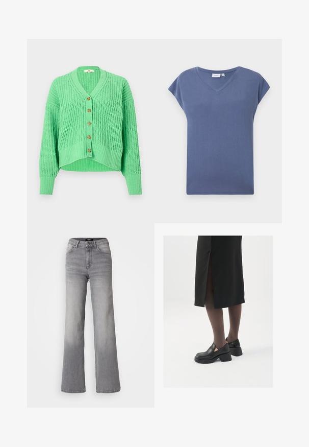 Grønn strikket cardigan med V-hals, fem treknapper, ribbestruktur og cropped design med lange ermer.; V-hals, kortermet T-skjorte i en dempet blå farge, laget av mykt bomullsmateriale med en jevn tekstur og en avslappet passform.; Høyt liv, rette ben grå denimbukser med frontknapp og glidelås, front- og baklommer, samt falmet skygge på lår og legger.; Sorte lærersko med rund tå, tykk blokkheel og elastiske sideaksenter, sammen med mørke strømpebukser og et svart skjørt med splitt.